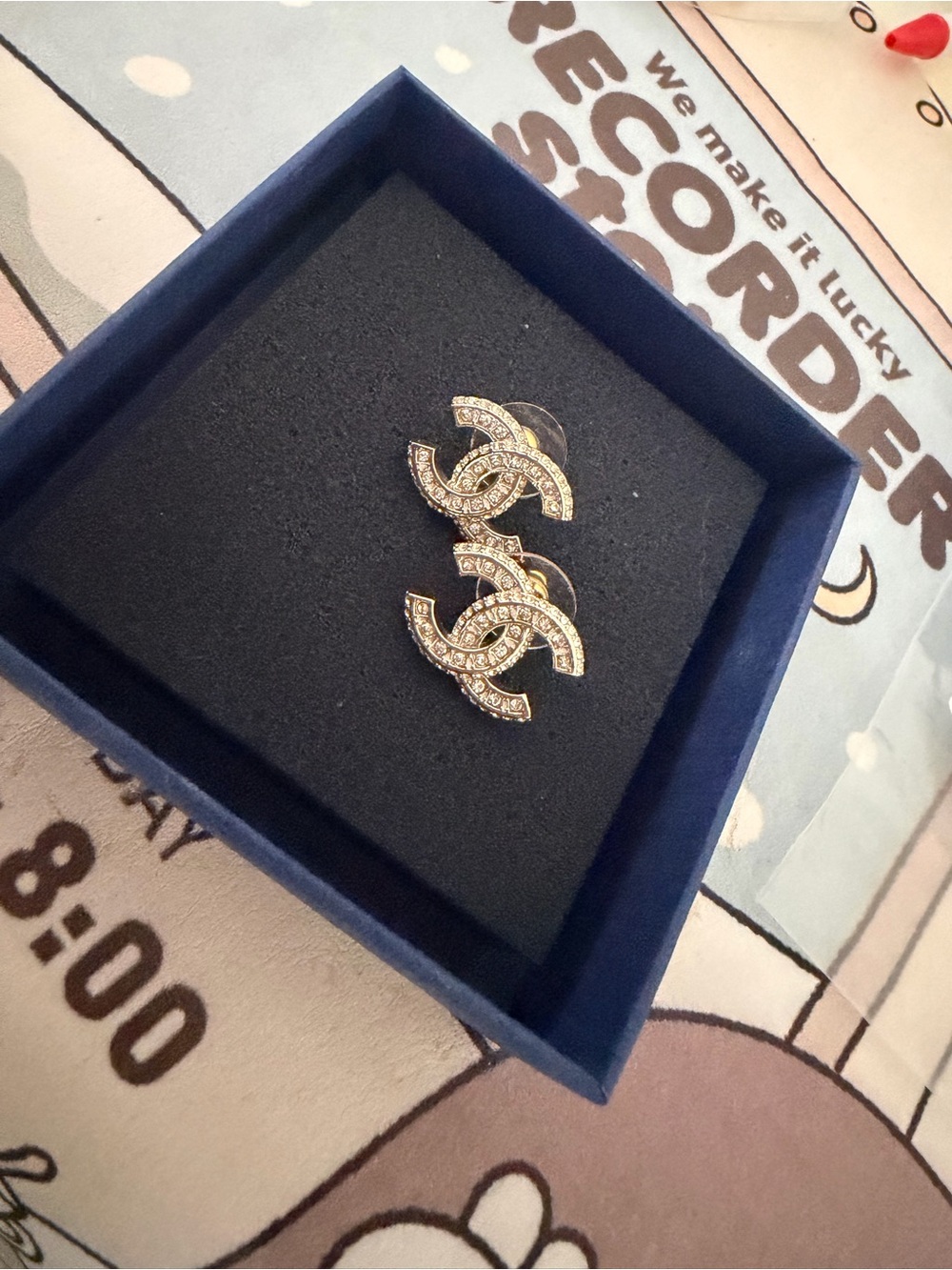 CHANEL Gold and Clear Crystal Interlocking CC Stud Earrings